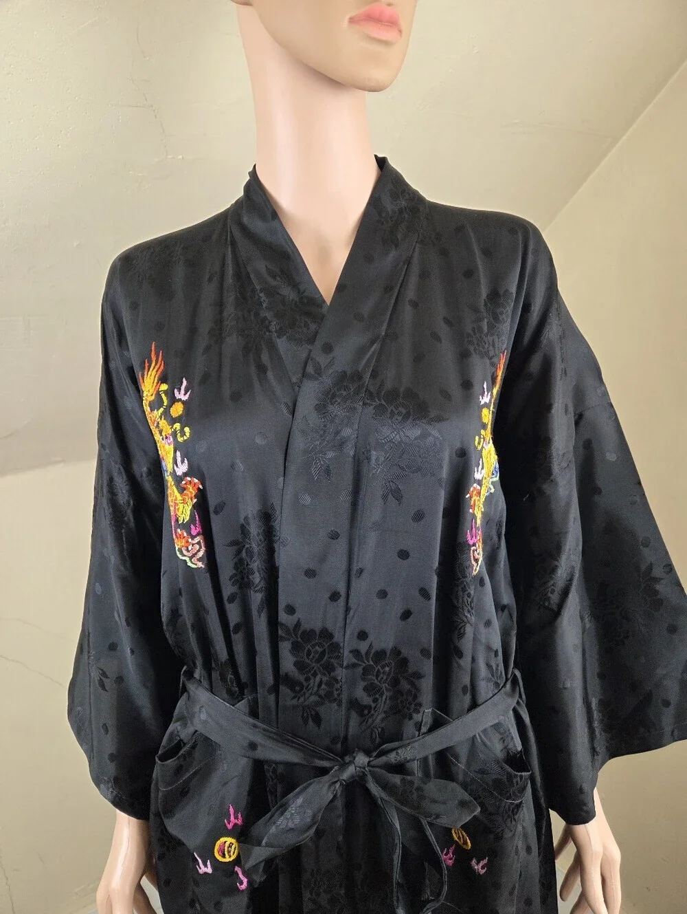 Golden Bee‎ Black Dragon Embroidered Rayon Kimono Robe Sz L Floral Jacquard Long